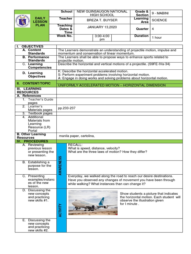 UAM Horizontal Dimension Lesson Plan | PDF | Acceleration | Learning