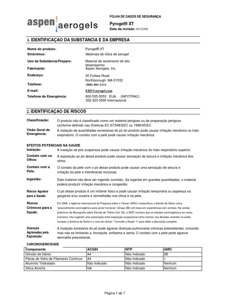 FISPQ Pyrogel® XT | PDF | Dióxido de titânio | Câncer