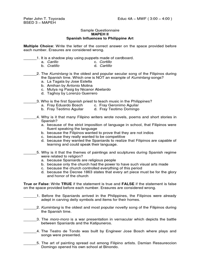 Sample Test Questionnaire in MAPEH 8 | PDF | Philippines