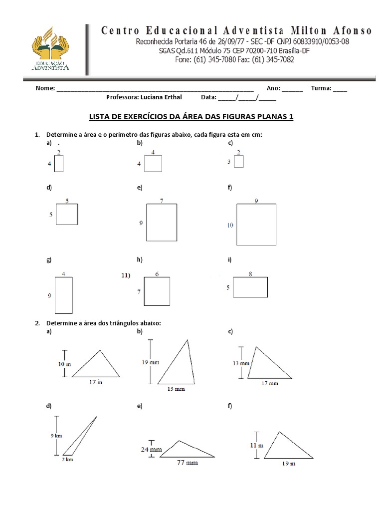 01 - 7 e 8 Ano - Lista de Exerc Área Das Figuras Planas | PDF