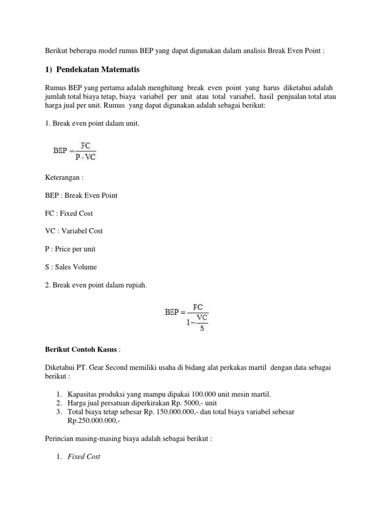 Berikut Beberapa Model Rumus Bep Yang Dapat Digunakan Dalam Analisis Break Even Point