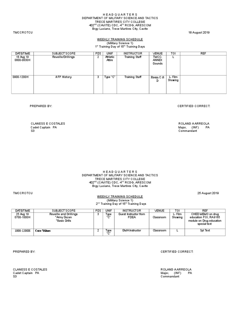 TMCC Weekly Training Day PDF Military Of The United States