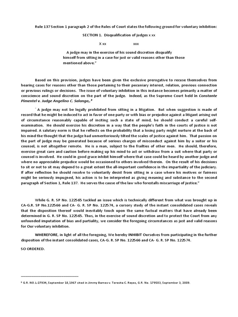 Rule 137 Section 1 Paragraph 2 INHIBITION OF JUDGES | PDF | Judicial ...