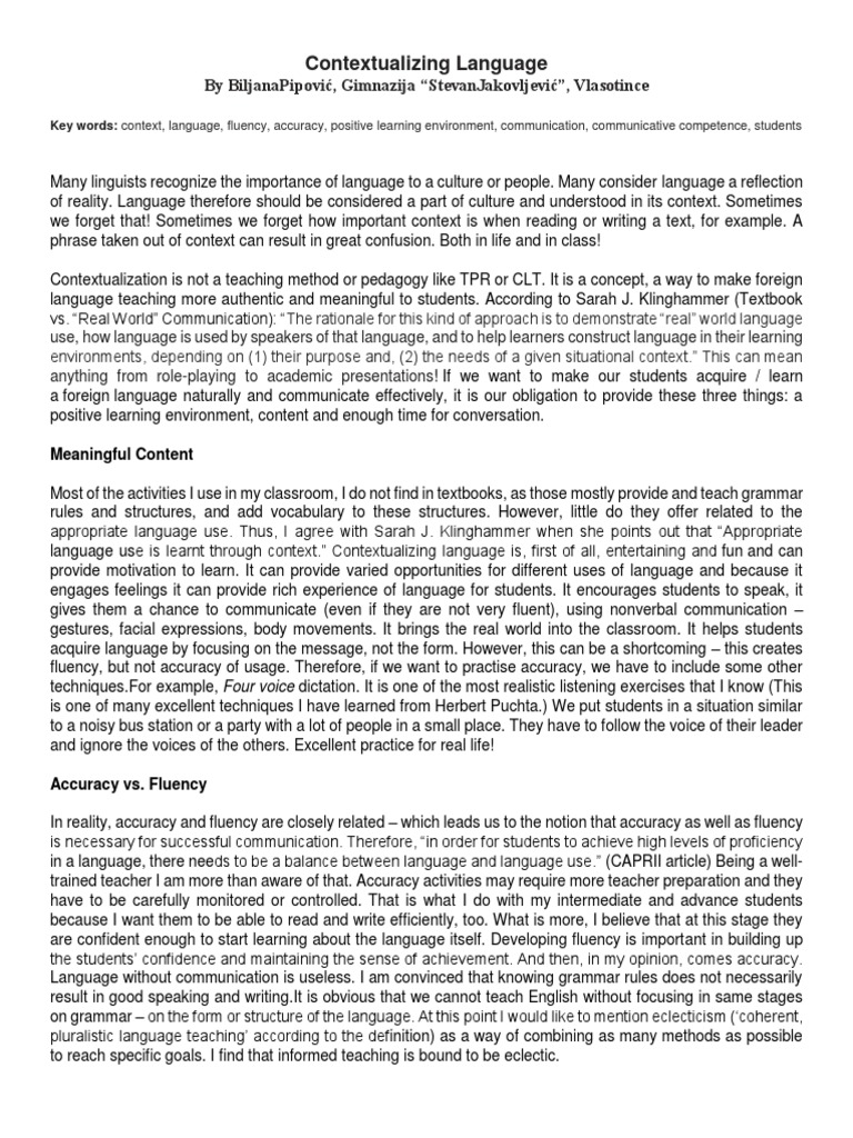Contextualizing Language Pdf Language Education Fluency