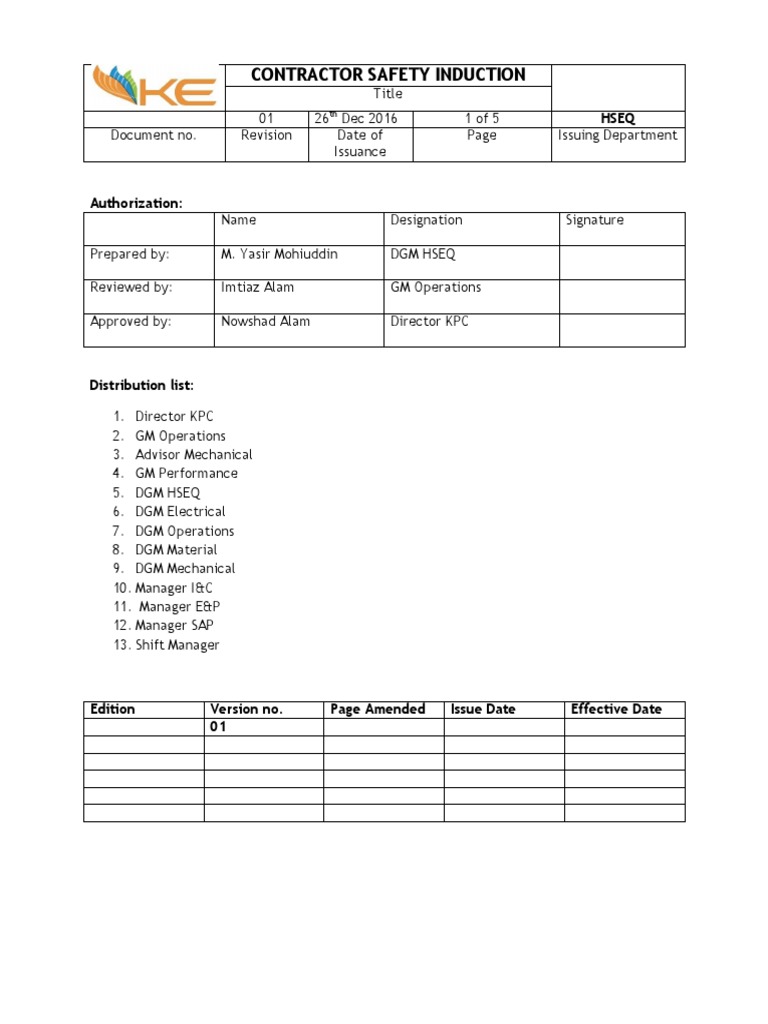 Contractor Safety Induction Pdf General Contractor Prevention