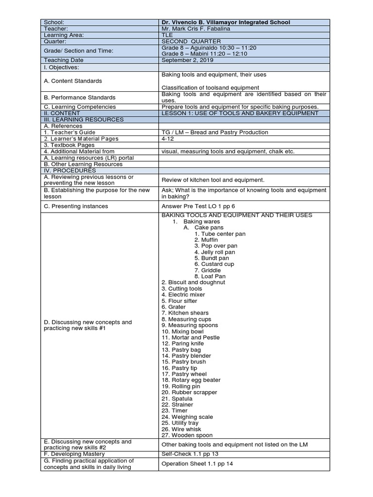 Classification and Uses of Baking Tools and Equipment A Lesson Plan