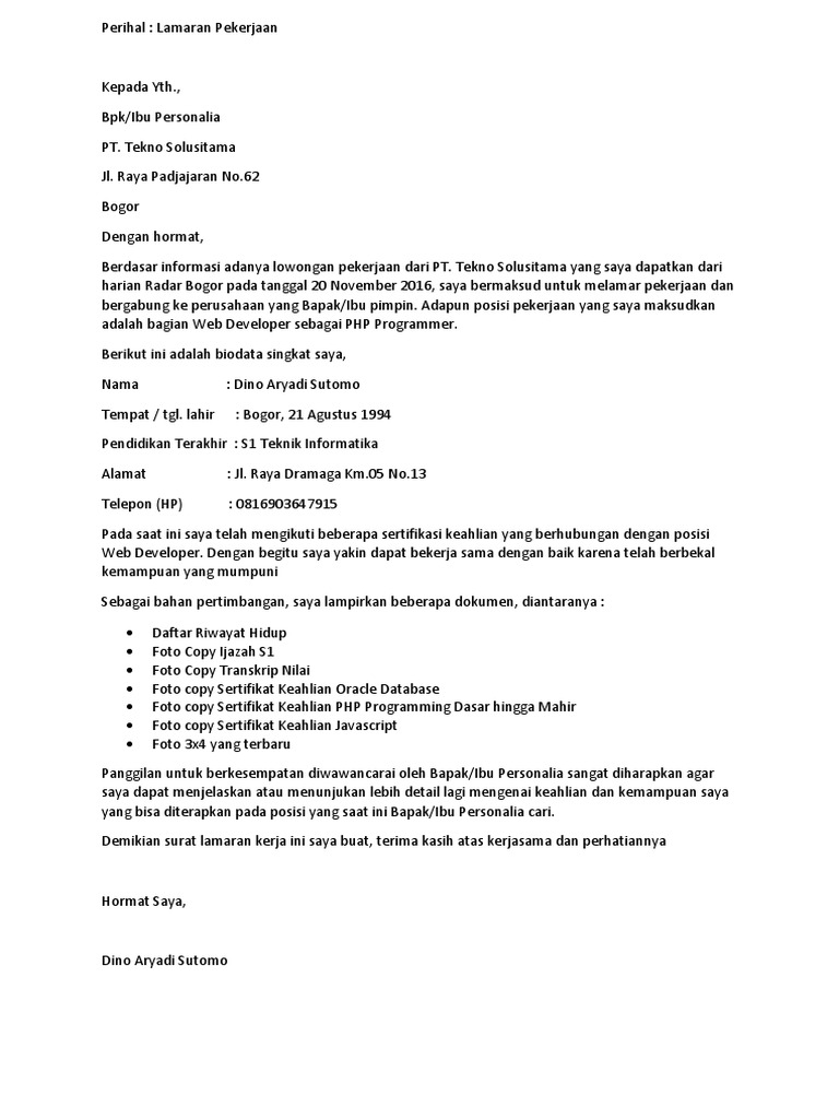 Contoh Surat Lamaran Kerja Di Copi Pdf