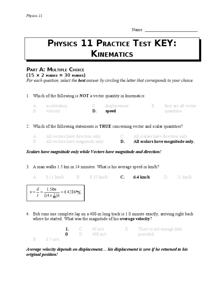 33300677 Kinematics Practice Test Key 05 06 Velocity Speed