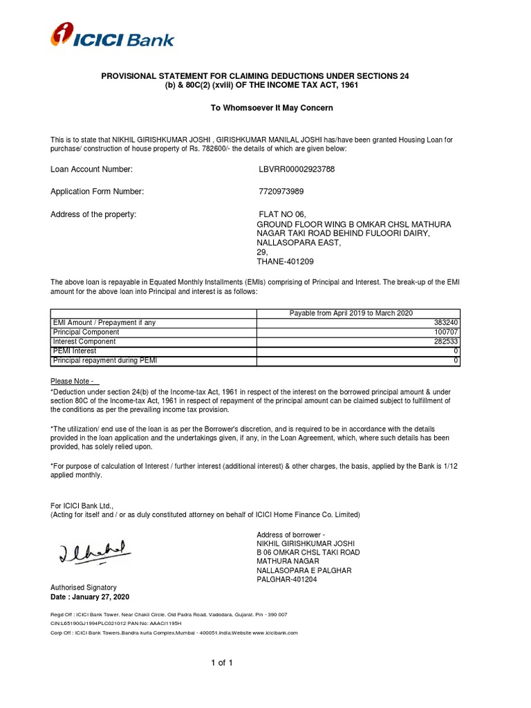 Home Loan Provisional Certificate Icici 2019 20 Pdf Loans Mortgage Loan