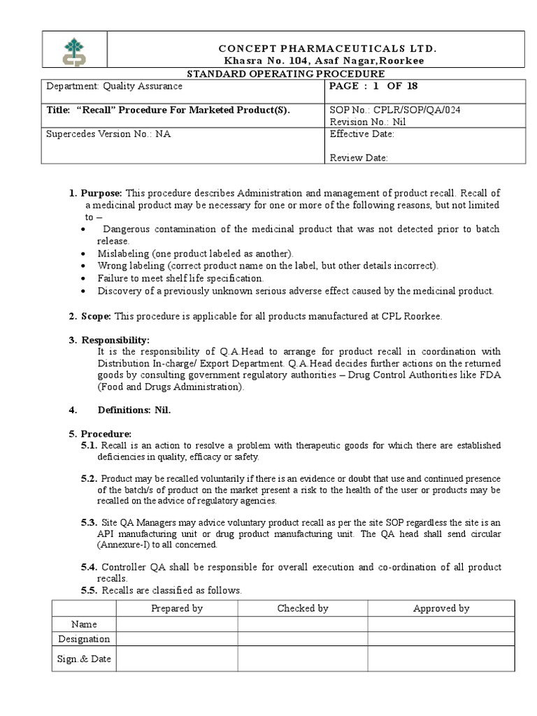 Product Recall Procedure Overview | PDF | Quality Assurance | Food And ...