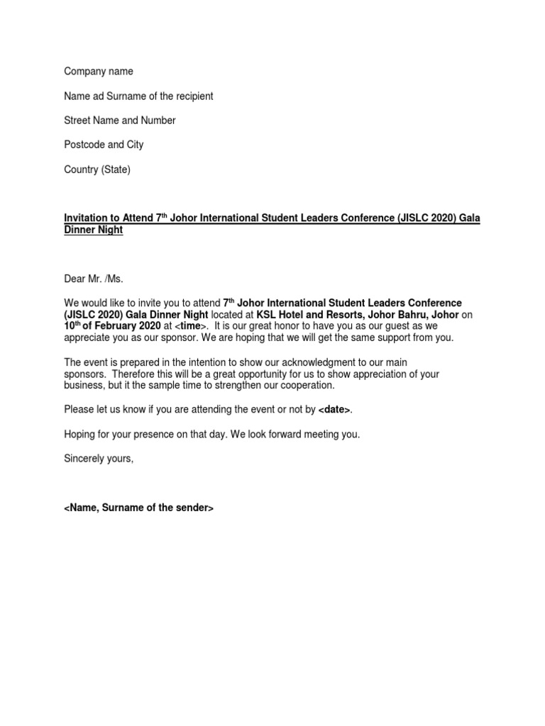Invitation Letter To Gala Dinner PDF