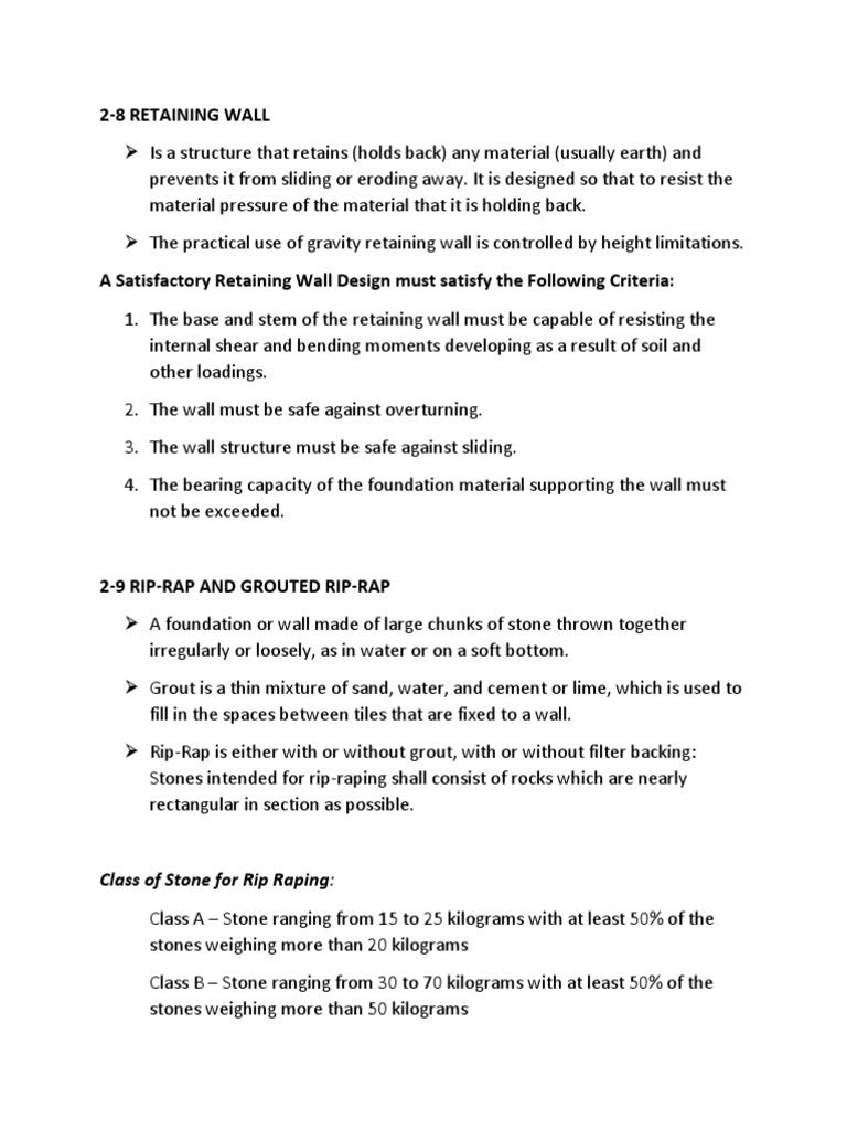 Specifications for Constructing Rip-Rap Retaining Walls Using Various ...
