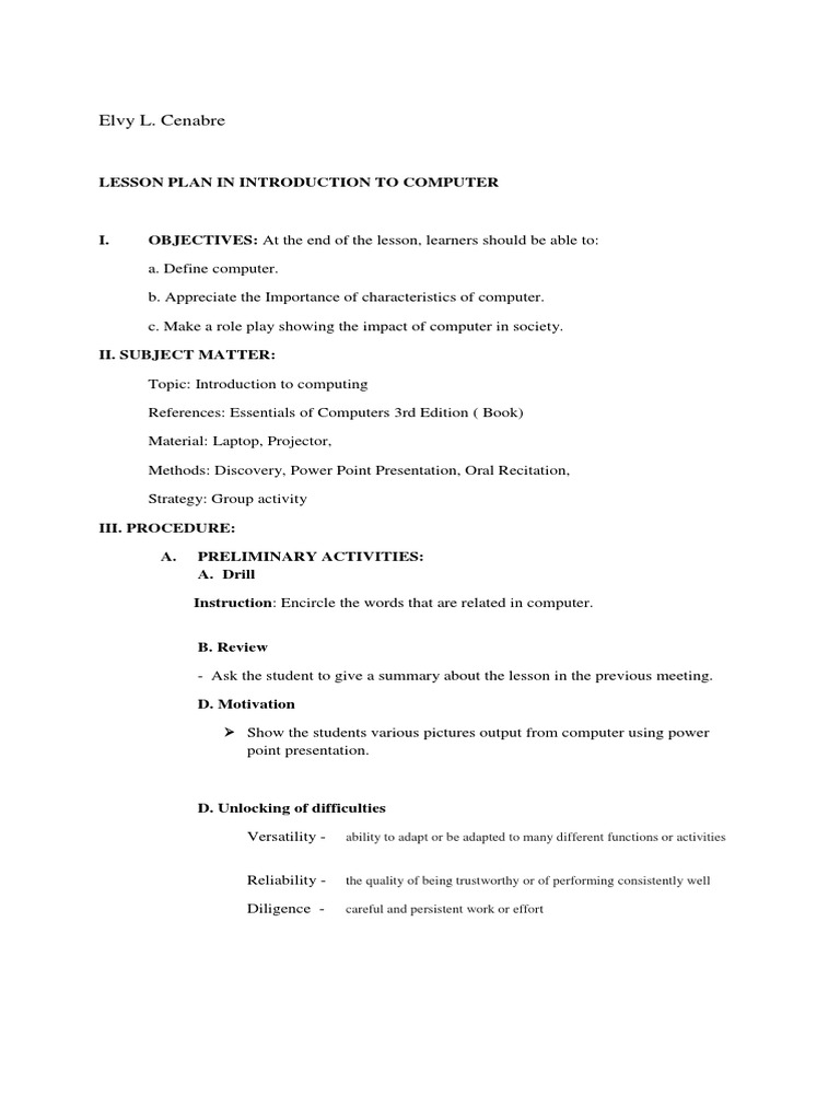 Lesson Plan in Introduction To Computer-2 | PDF | Educational ...