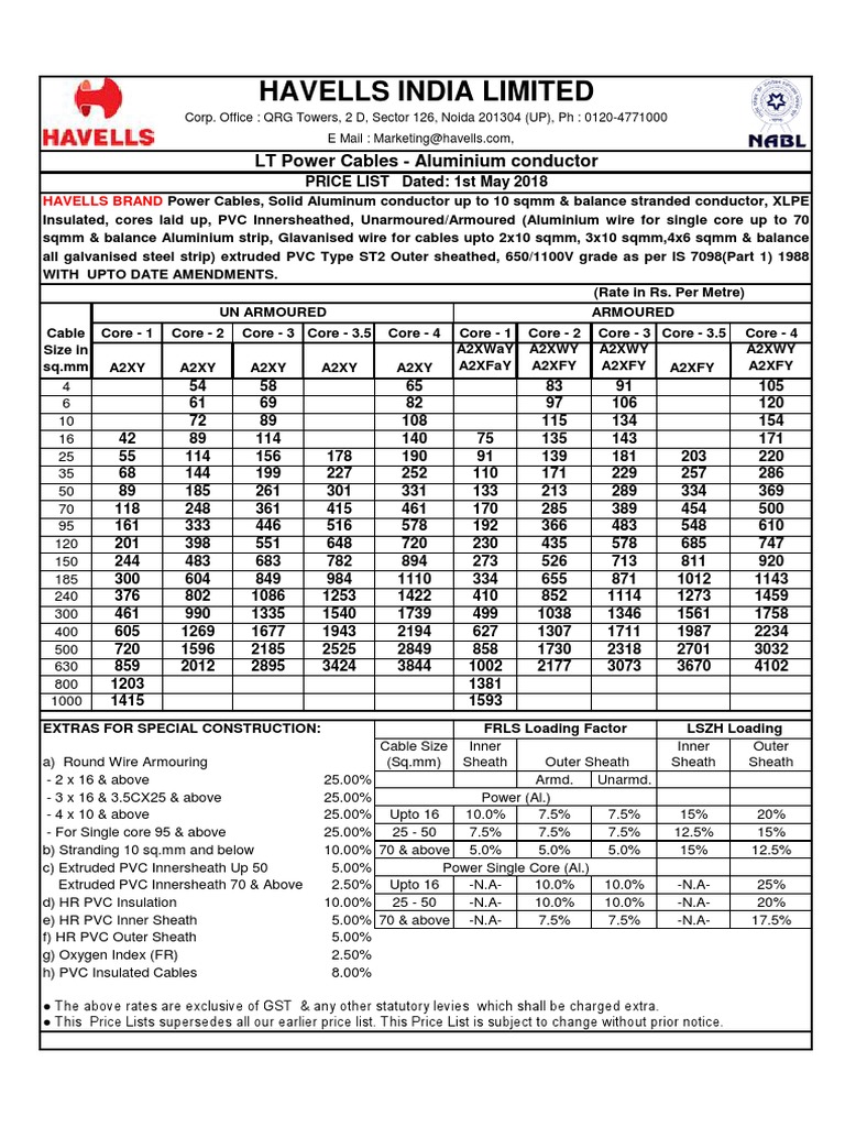 Havells Cables Pricelist 01 05 18 Electrical Conductor Wire
