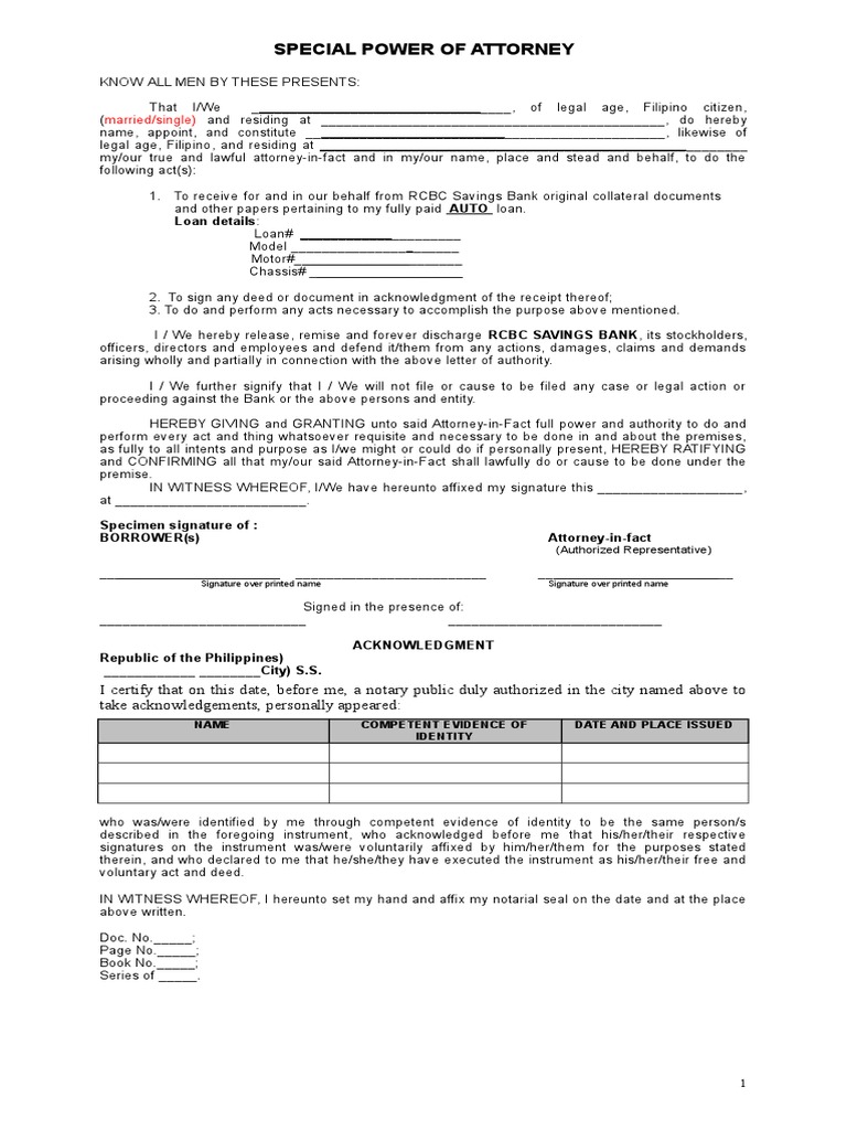 SPA-Collateral Documents AUTO (Individual) | PDF | Power Of Attorney ...