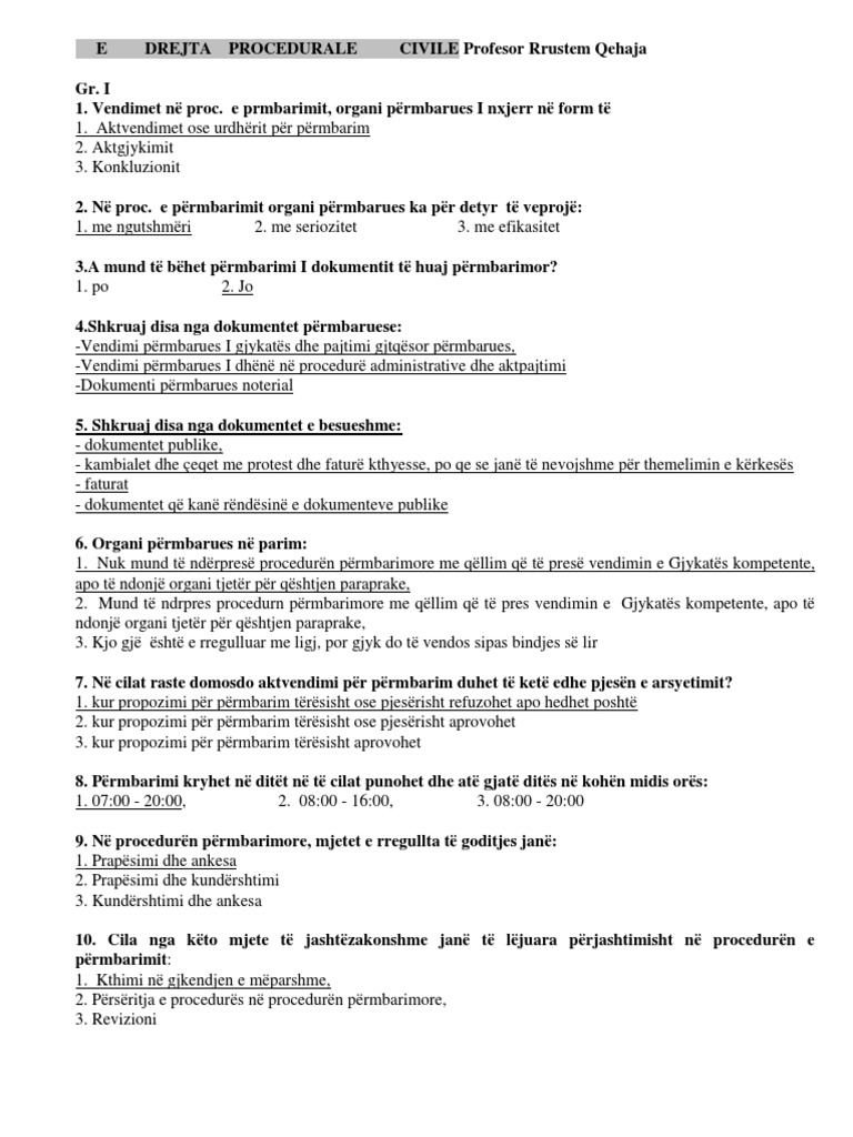 E Drejta E Procedures Civile Pyetje Pergjigje Teste Prof Rr Q Pdf