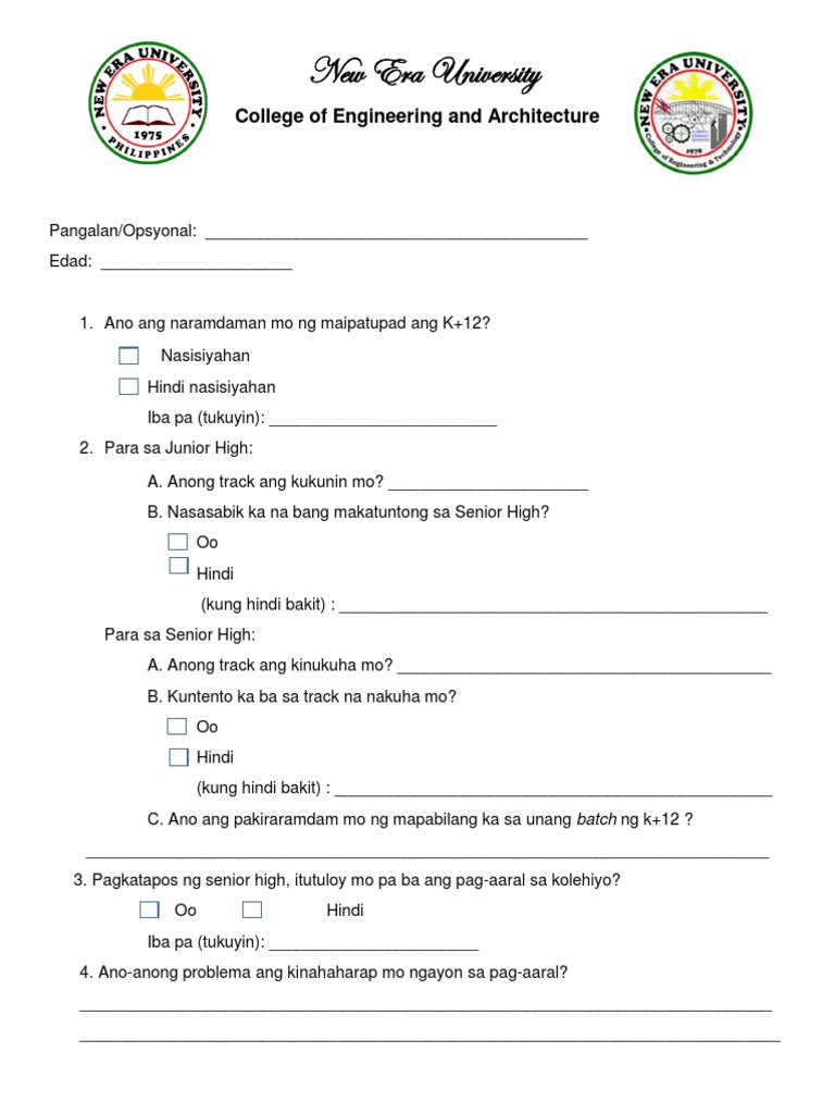 Filipino K+12 Survey Sample New Era University | PDF