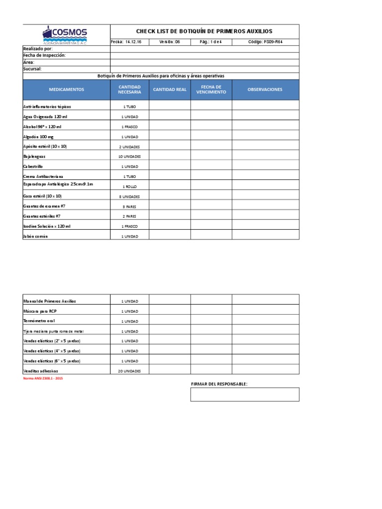 Checklist Botiquín de Primeros Auxilios | PDF | Tratamientos médicos ...