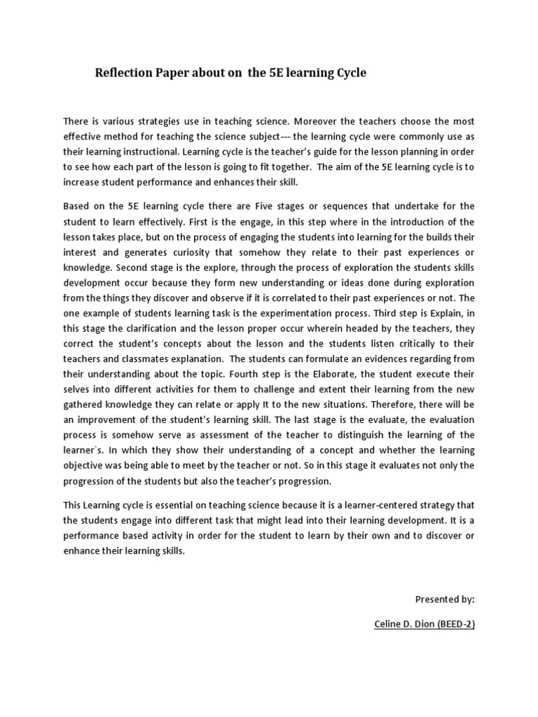 Reflection on the 5E Learning Cycle | PDF | Scientific Method | Learning