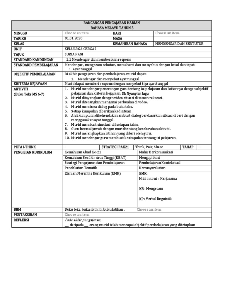 Contoh Rph Tahun 3 2020 Pdf