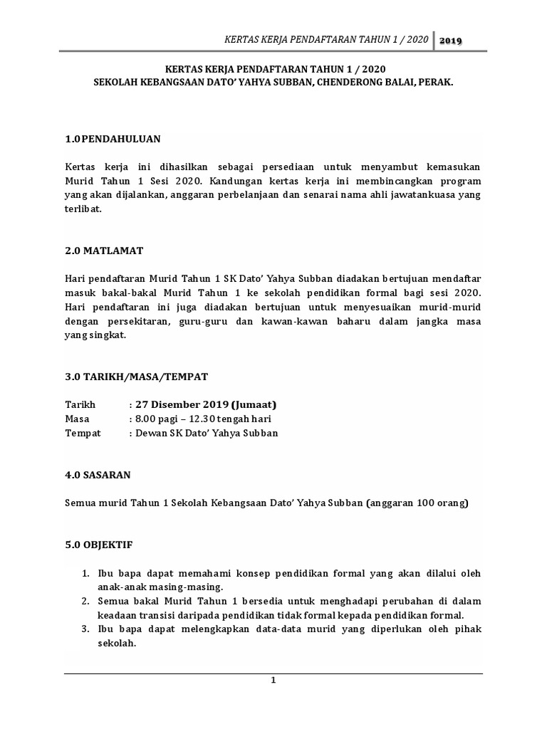 Kertas Kerja Hari Pendaftaran Tahun 1 2020  PDF