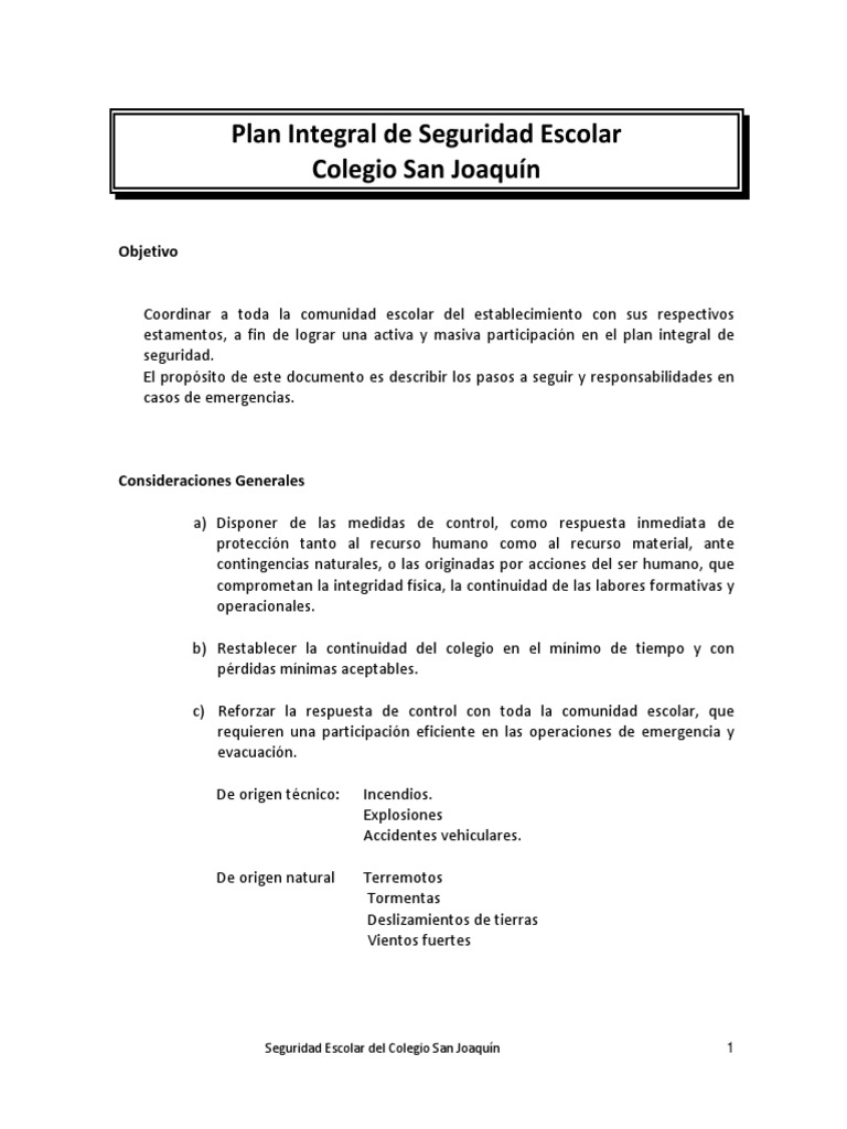 Plan Seguridad Escolar | PDF | Temblores | Primeros auxilios