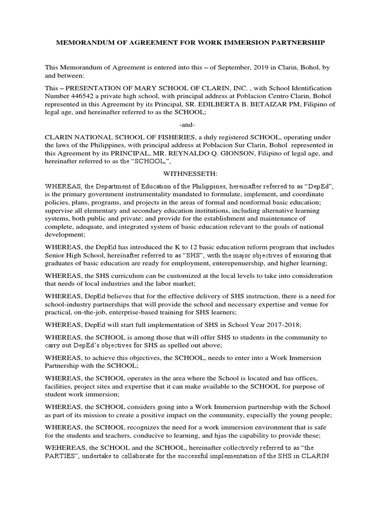Memorandum of Agreement For Work Immersion Partnership | PDF ...