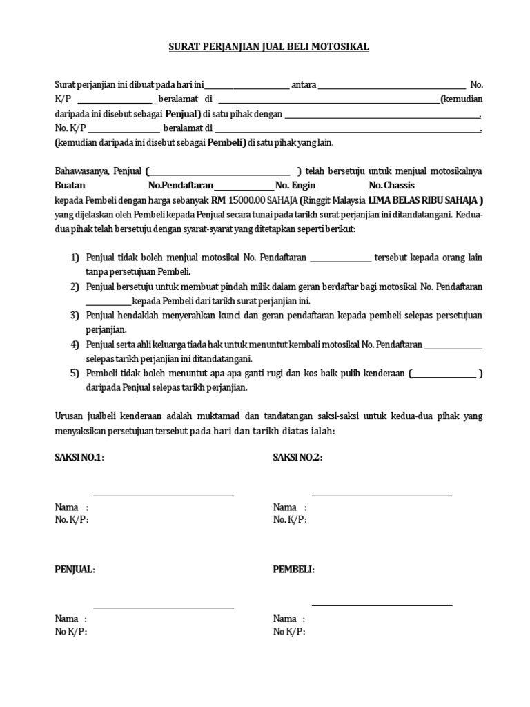 Surat Perjanjian Jual Beli Motosikal Pdf