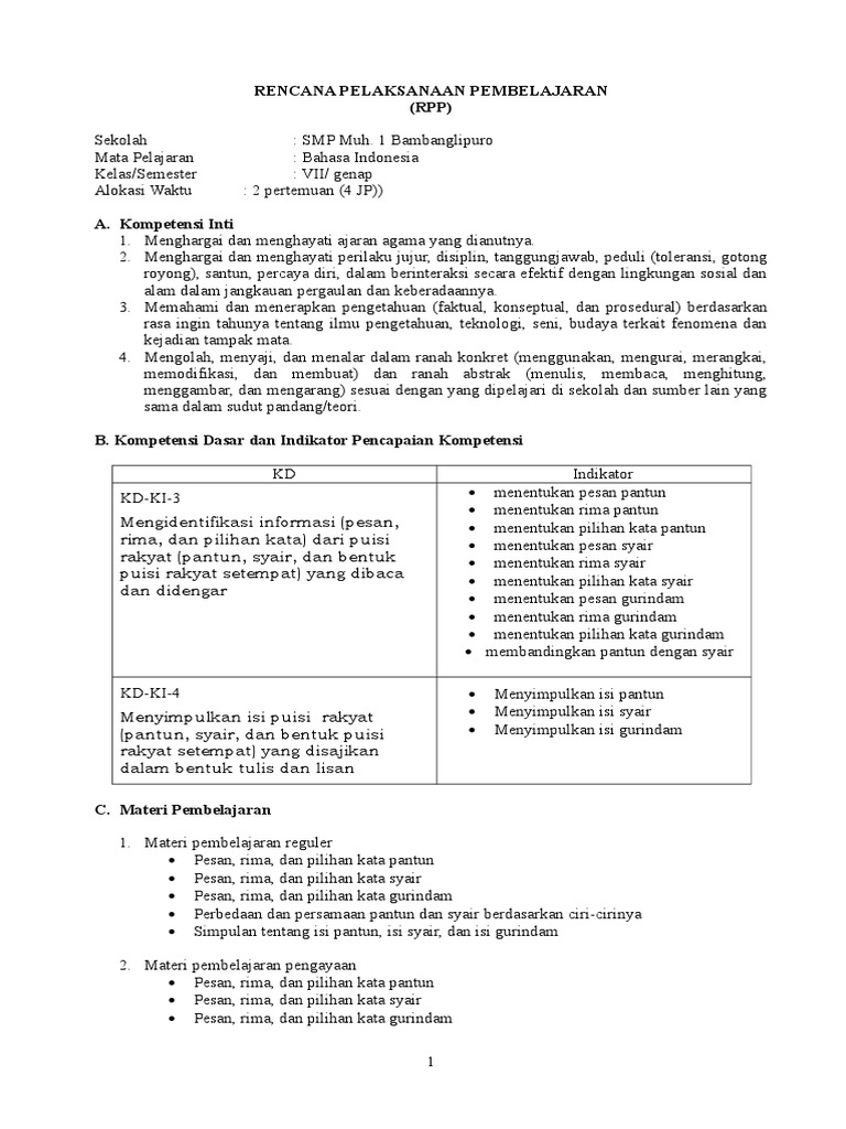 Rpp Puisi Rakyat Kelas 7 Sem 2