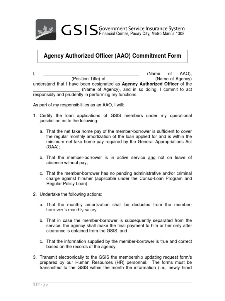 AAO Commitment Form for GSIS Loans | PDF | Loans | Human Resources