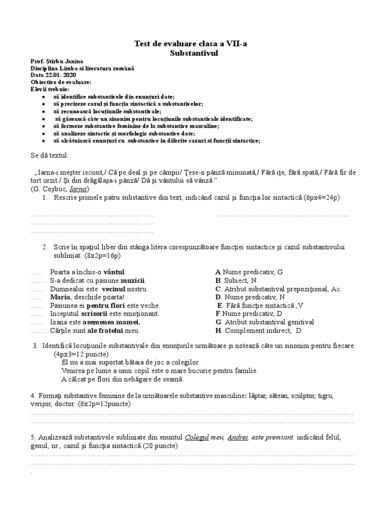Test Substantivul Clasa A VII-a | PDF