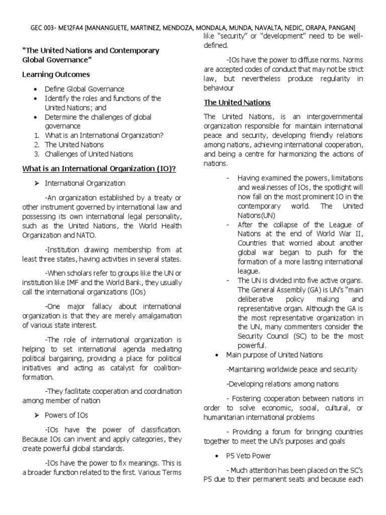 UN Roles and Challenges in Global Governance | PDF | United Nations ...