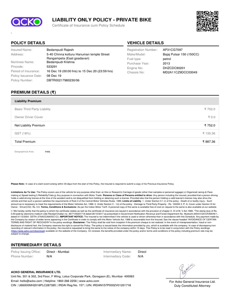 Acko Bike Insurance Policy Details | PDF | Vehicle Insurance ...