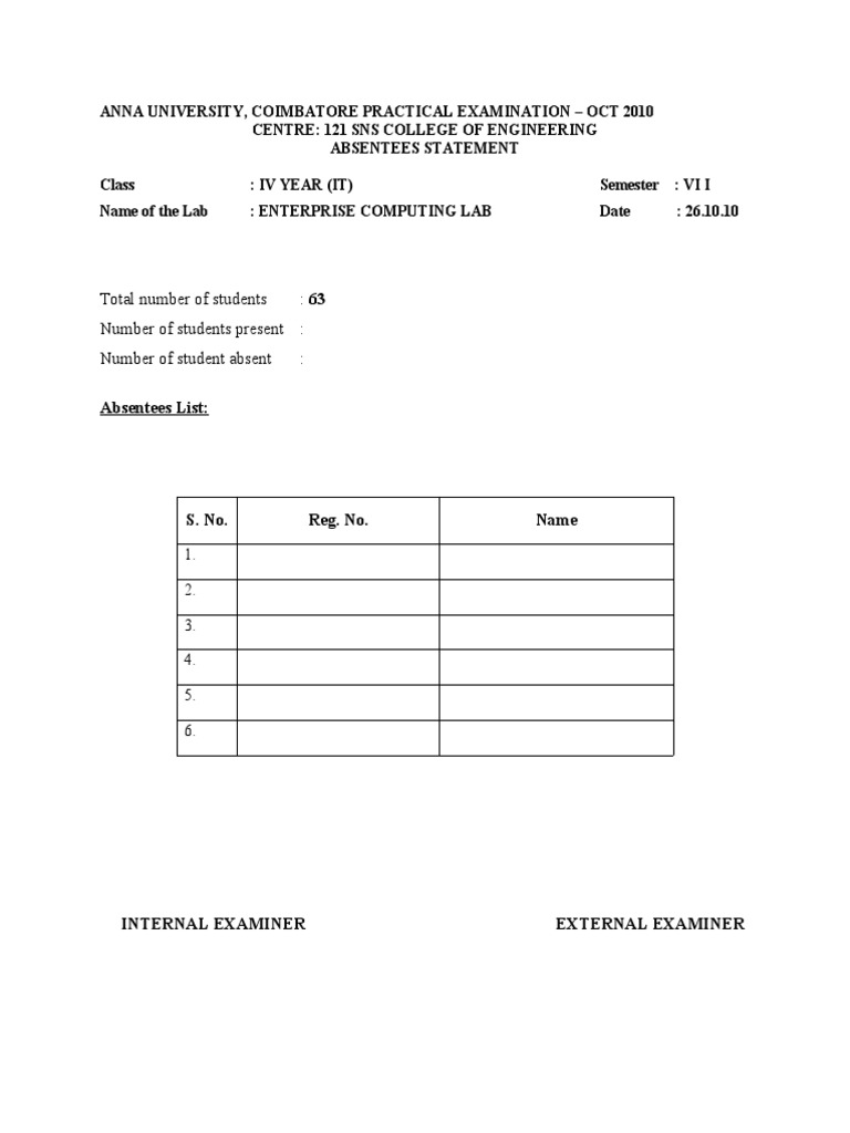 SNS College Absentees Statement 2010 | PDF | Technology & Engineering