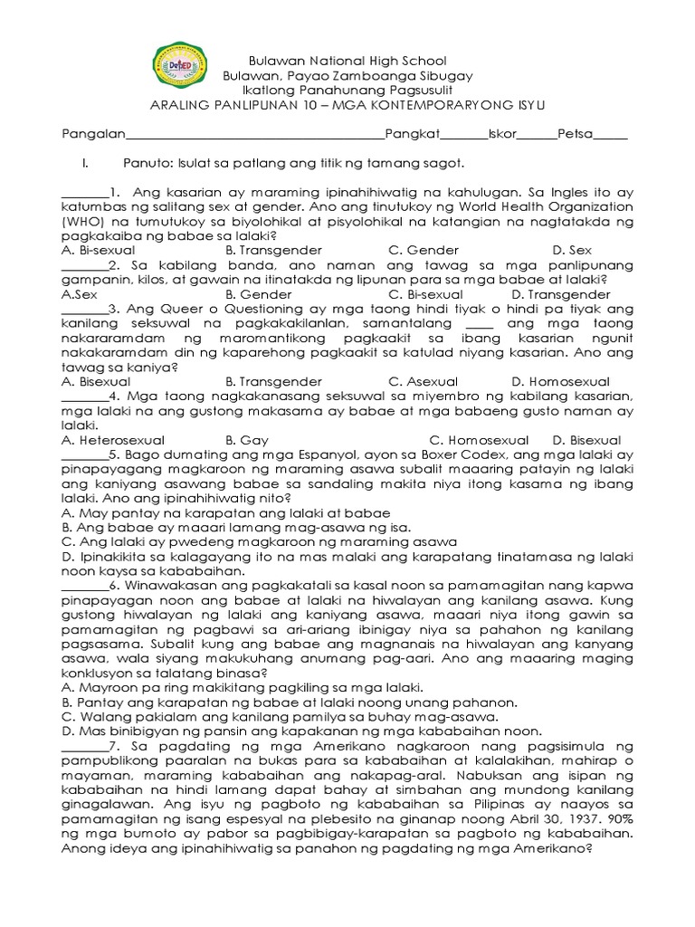 Grade 10 Pre Test PDF