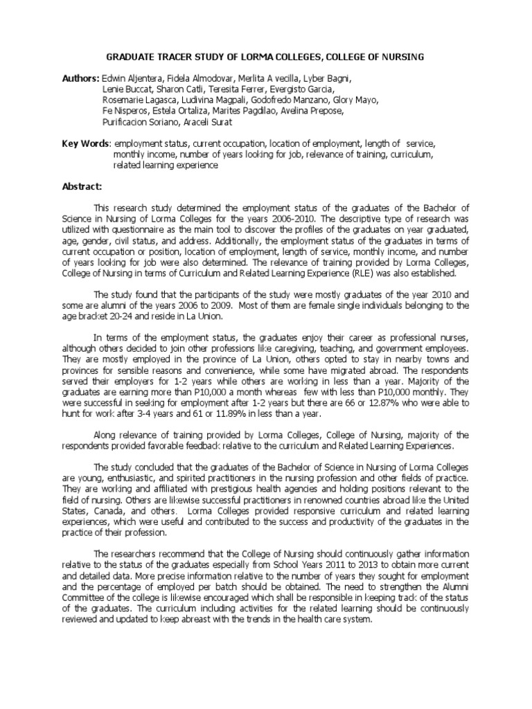Graduate Tracer Study of LORMA Colleges | PDF | Nursing | College