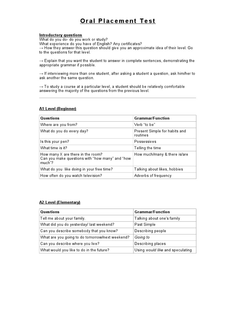 Oral Placement Test English PDF | PDF | Question | Linguistic Typology
