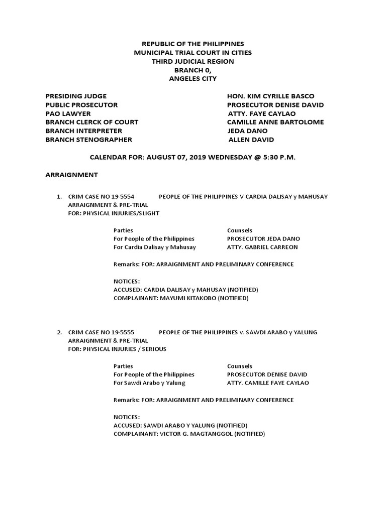 Arraignment Schedule for August 2019 | PDF | Practice Of Law | Crime ...