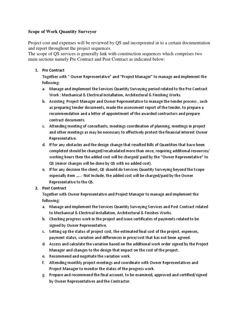 Scope of Work Quantity Surveyor PDF Economies Business