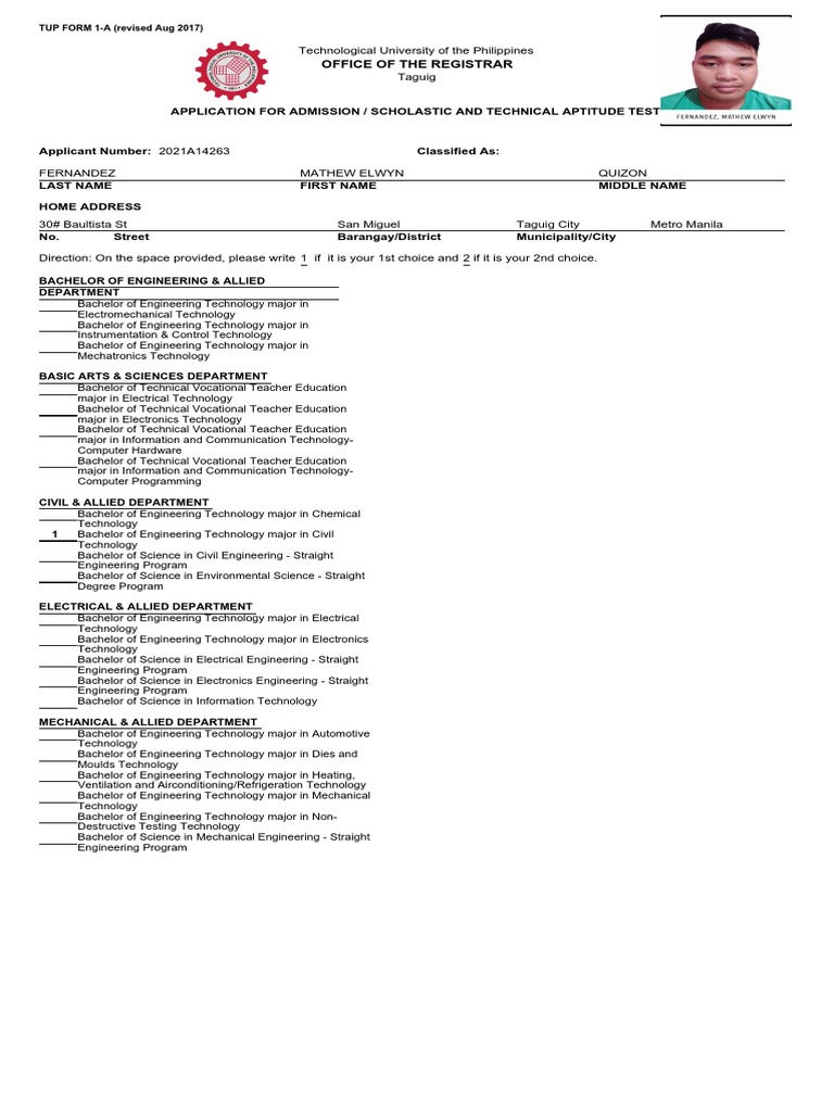 TUP Admission Application Form 1-A | PDF | Engineering | Bachelor's Degree