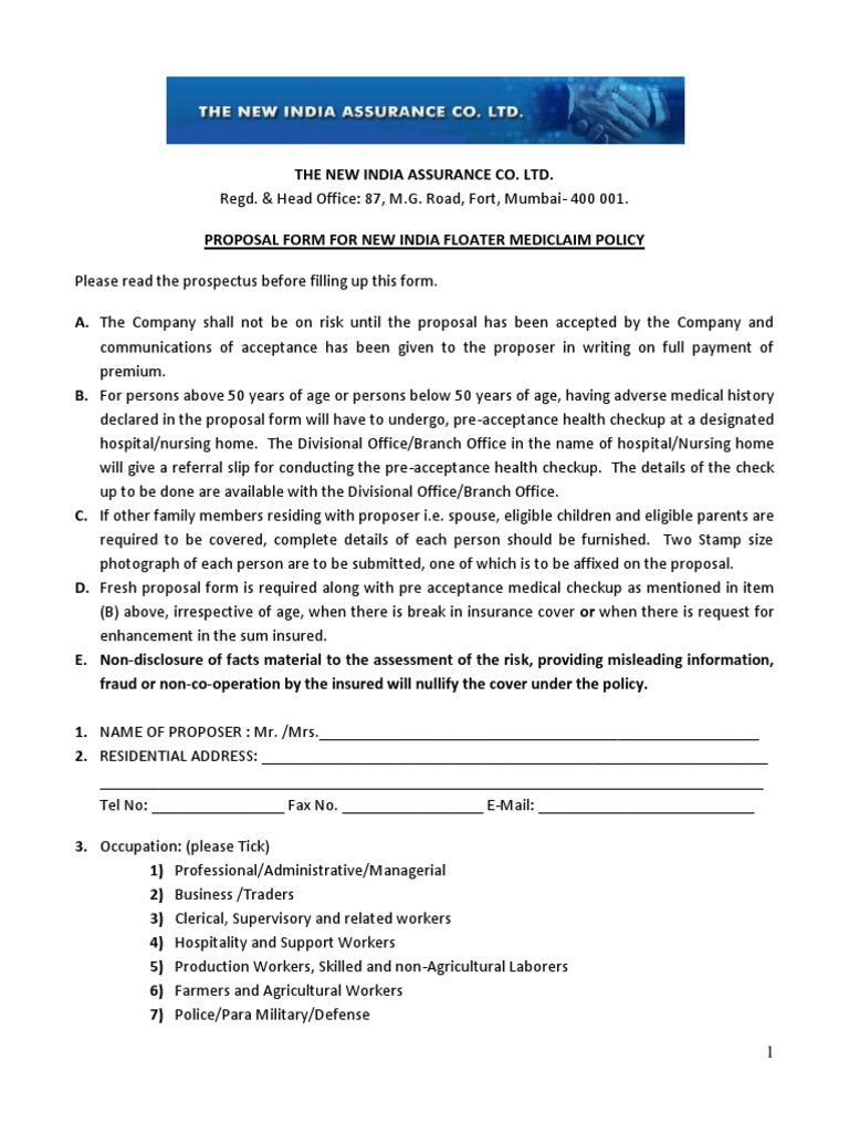 Proposal Form New India Floater Mediclaim Policy1 PDF Underwriting