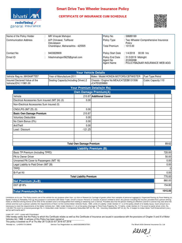 Smart Drive Two Wheeler Insurance Policy | PDF | Insurance Policy ...