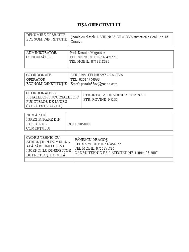 Fisa Operator Scoal 38 | PDF