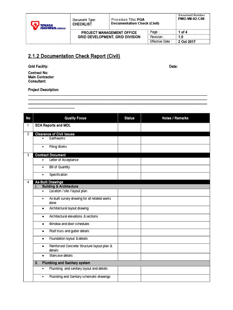 Civil Documentation Checklist for PQA | PDF | Engineering | Civil ...