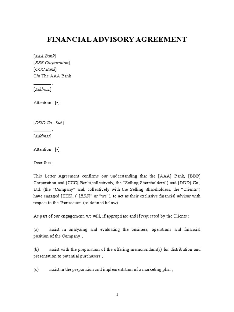 Financial Advisory Agreement Template | PDF | Indemnity | Financial ...