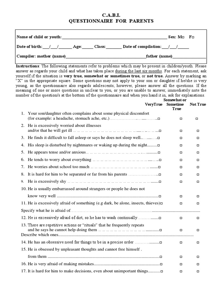 CABI Questionnaire for Parents | PDF | Adolescence | Psychiatry