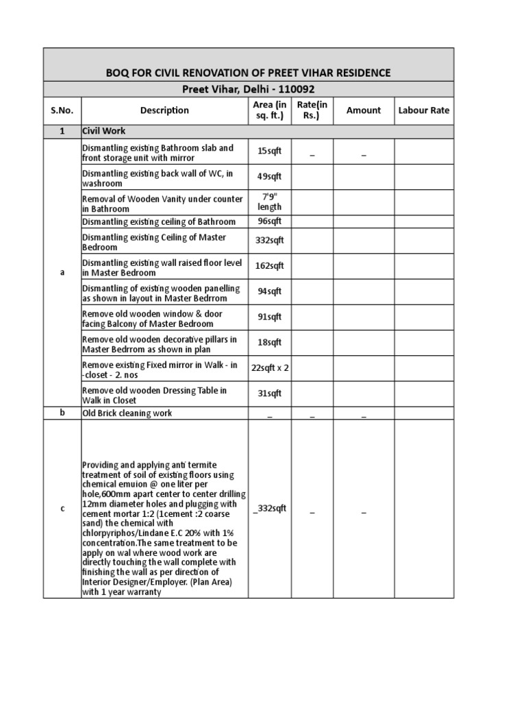 BOQ For Interior Work PreetVihar Residence PDF Door Bedroom