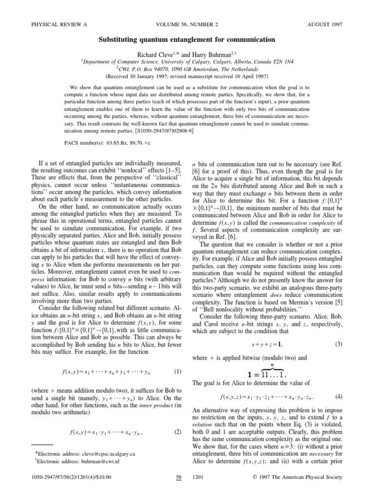 Substituting Quantum Entanglement For Communication | PDF | Quantum ...
