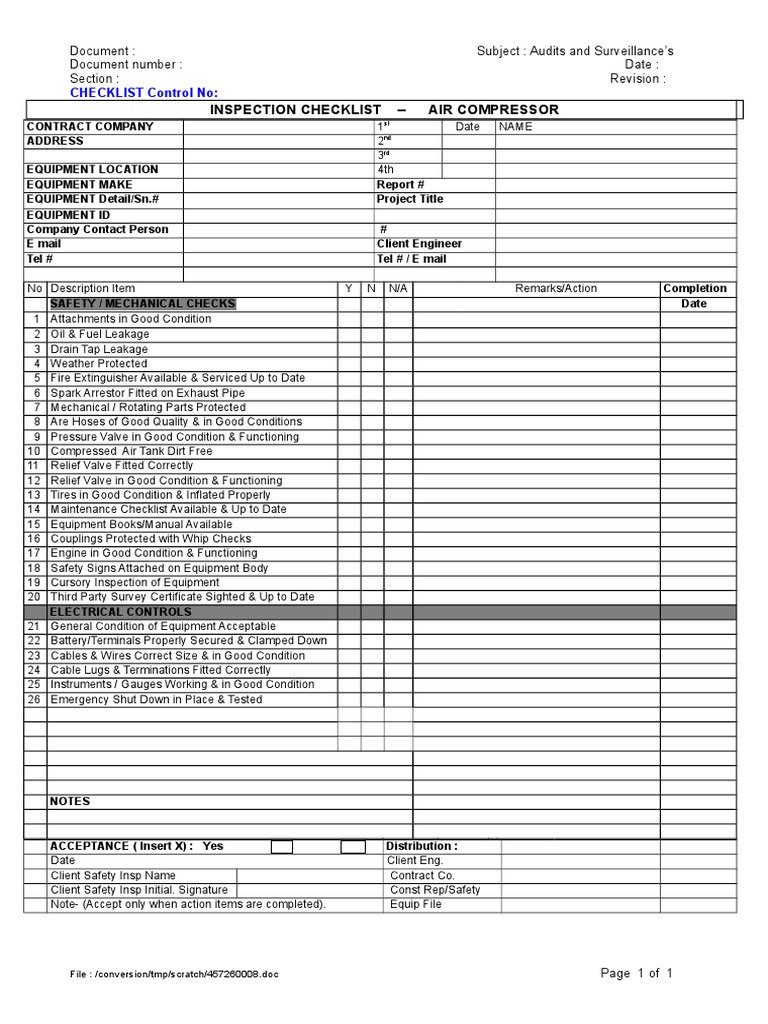 Check List Air Compressor Inspection PDF Valve Gases