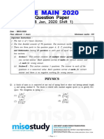JEE Main 2020 PCM Question Paper 08 Jan 2020 Shift 1 Memory Based